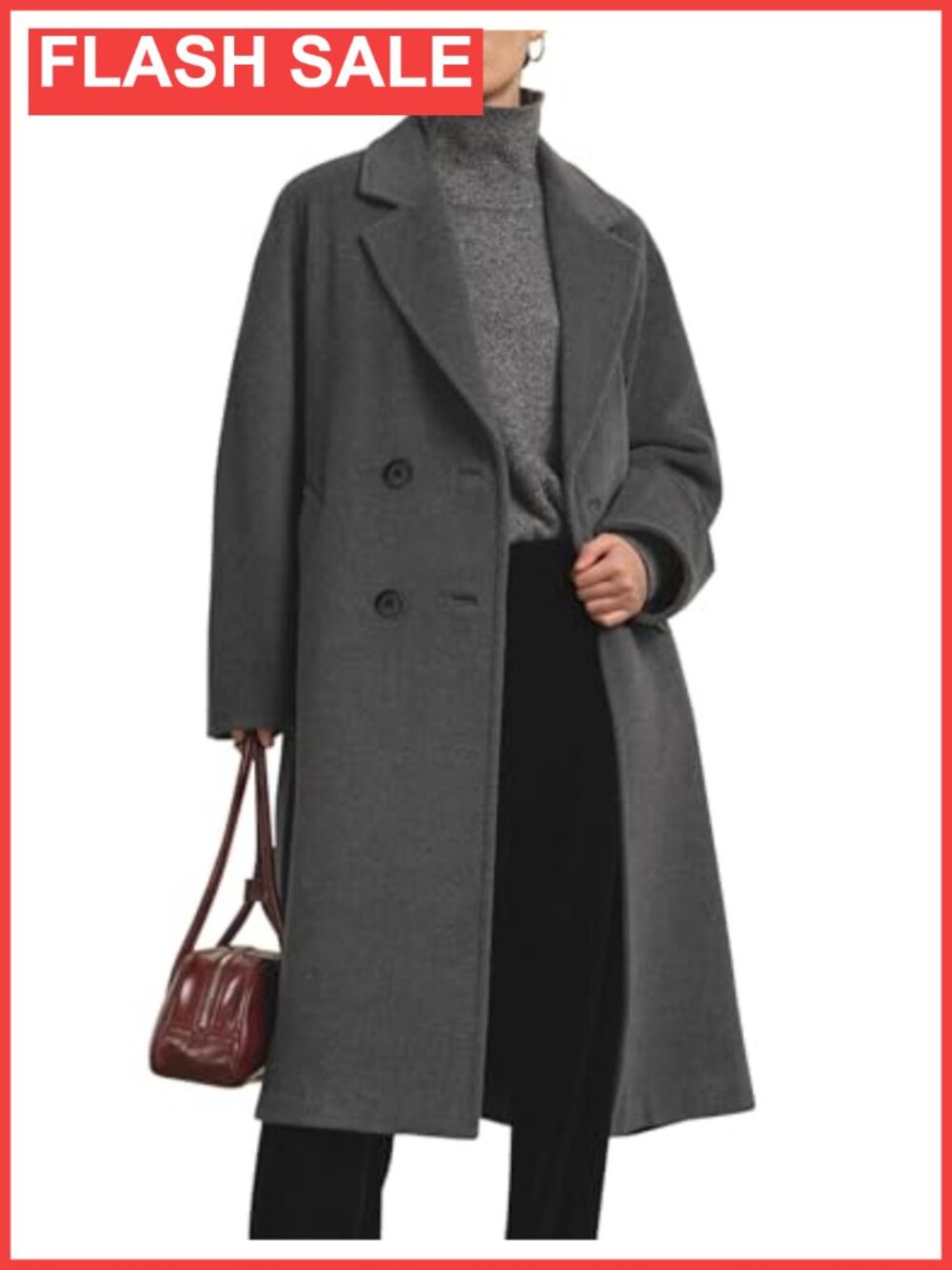 Flygo Women's Double Breasted Notch Lapel Long Peacoat Knee Length Trench